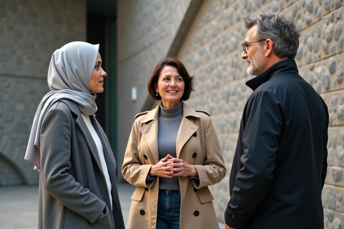 Groupe de trois adultes en conversation respectueuse devant un centre culturel moderne, illustrant le dialogue sur la religion et la vie privée