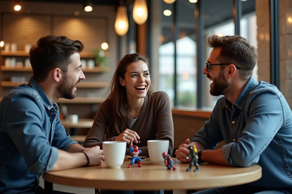 Groupe d'amis discutant des aventures de Spider-Man en solo et avec les Avengers autour de figurines Marvel dans un café moderne