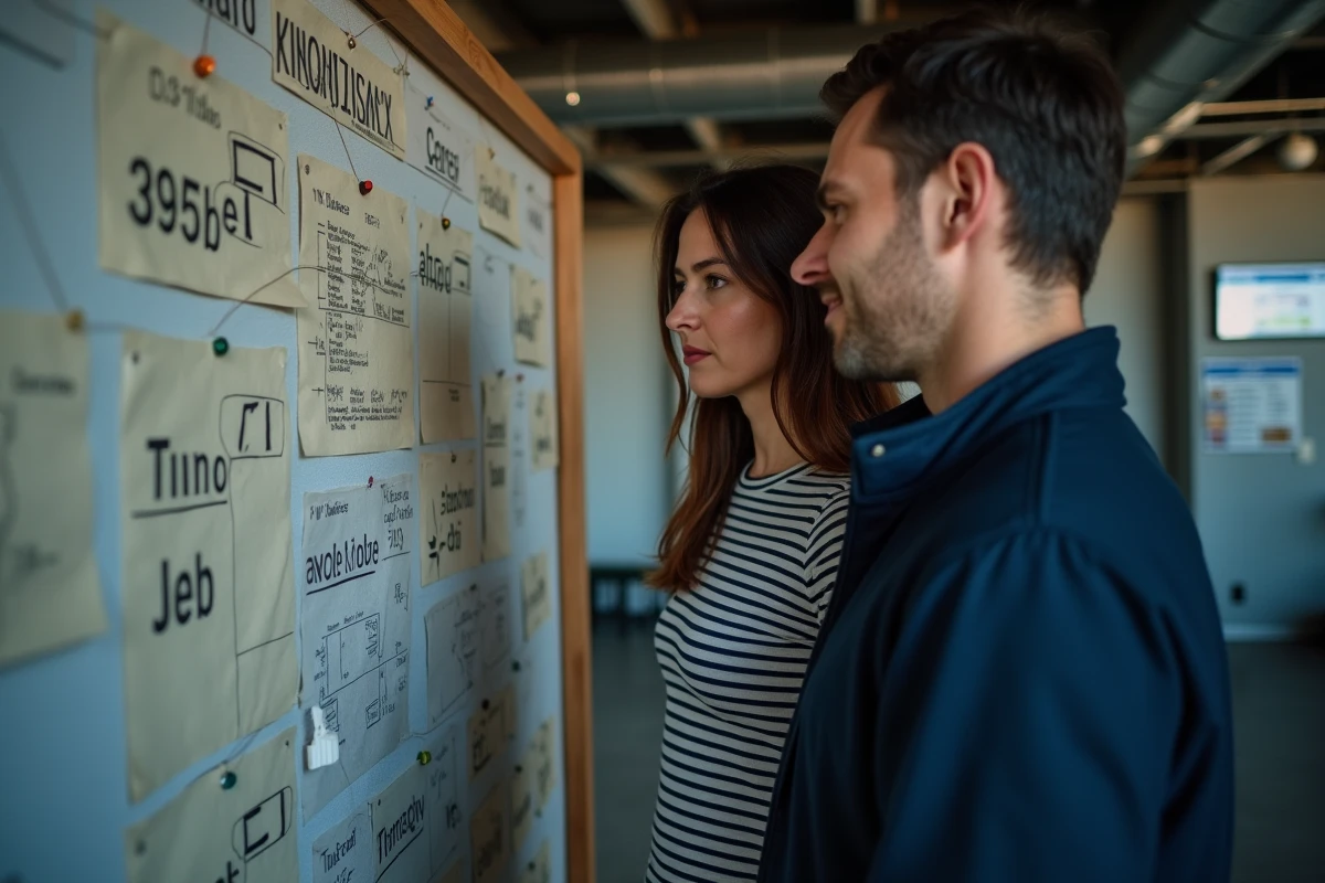 Duo d'adultes analysant un tableau d'indices dans une salle d'évasion de style industriel