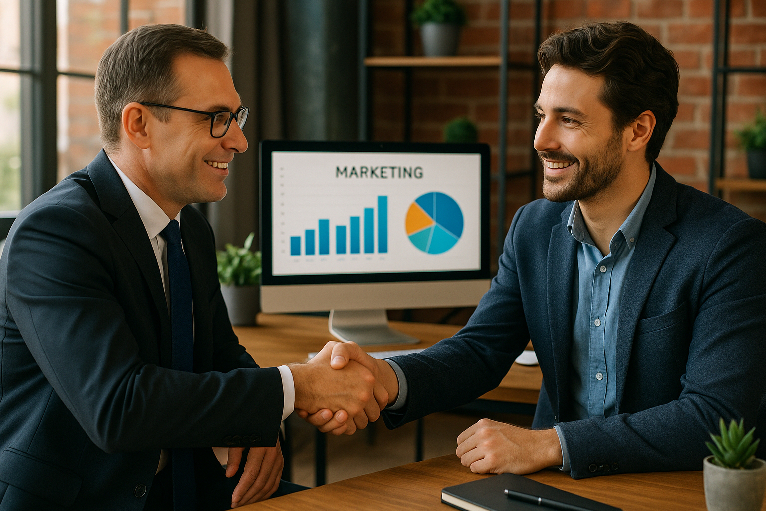 Échange de poignée de main entre un cadre et un consultant marketing