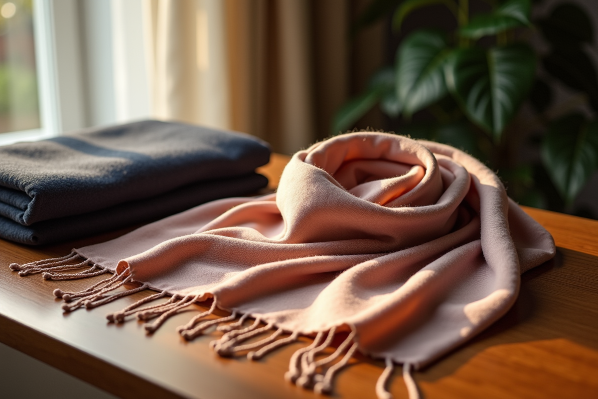Echarpe en cachemire élégamment drapée sur une table en bois