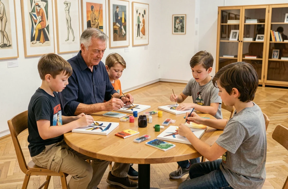 Éducateur artistique guidant des enfants dans un atelier de peinture inspiré de Nicolas de Staël dans une salle pédagogique de musée