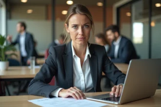 Employée consultant des documents RH après une mutation administrative pour rétablir ses droits d'accès et d'habillement