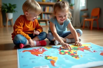 Deux enfants rient devant une carte du monde colorée