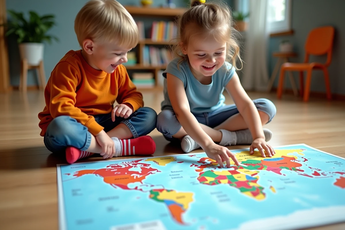 Deux enfants rient devant une carte du monde colorée