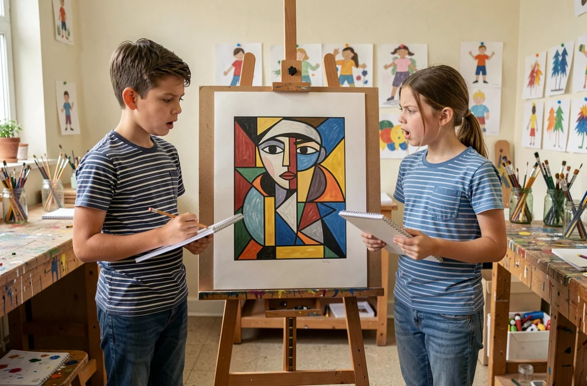 Trois enfants étudiant une reproduction d'une œuvre de Fernand Léger sur un chevalet en bois dans un atelier scolaire d'art