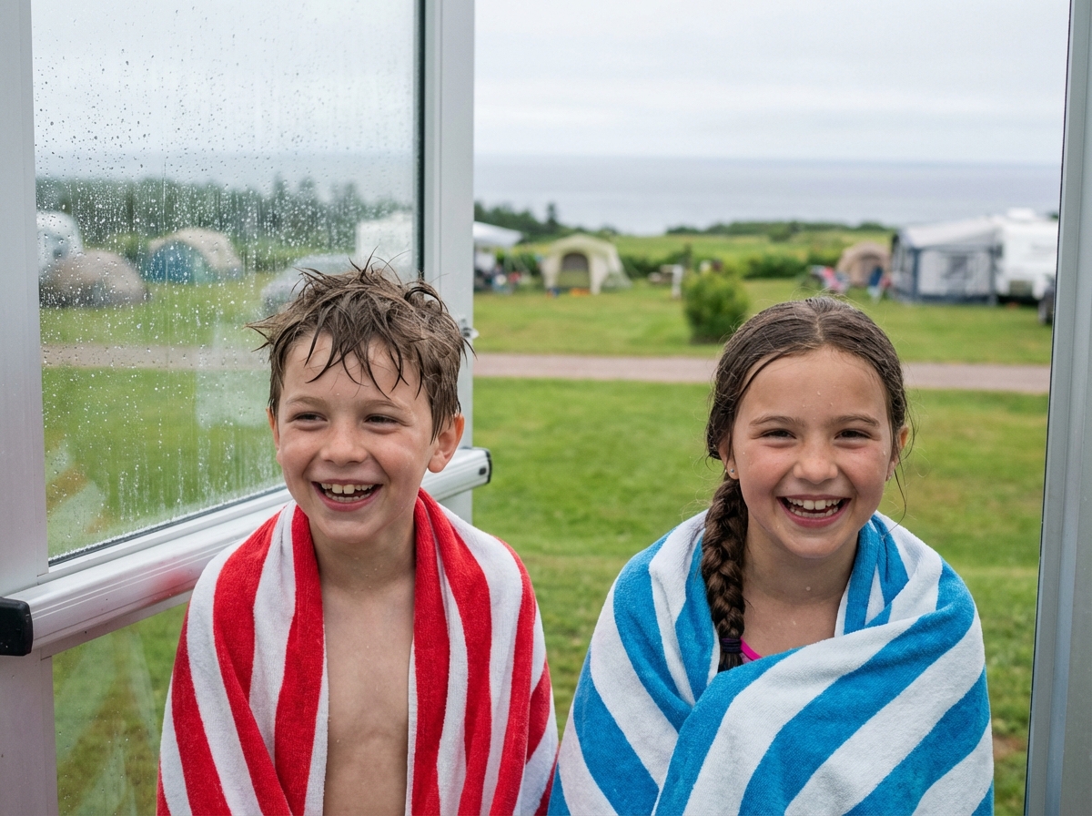 Enfants riant en sortant du parc aquatique en Bretagne