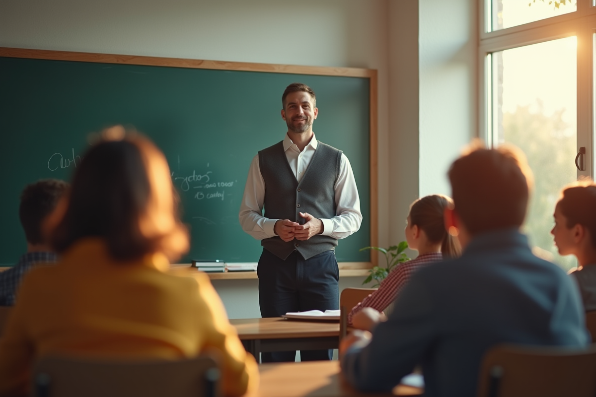 Enseignant confiant devant le tableau dans une classe moderne