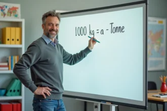 Homme d'âge moyen écrivant 1000 kg 1 tonne au tableau