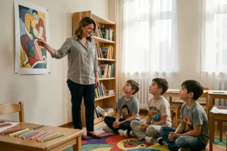 Enseignante présentant une reproduction de Matisse à des enfants assis sur un tapis coloré dans une salle de classe artistique