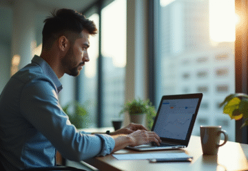 Entrepreneur confiant travaillant sur un ordinateur portable moderne