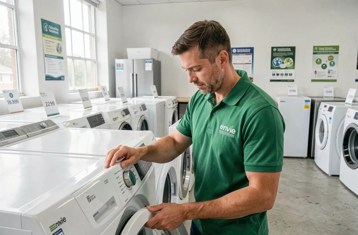 Technicien Envie Solutions reconditionnant un électroménager dans un atelier de réemploi solidaire