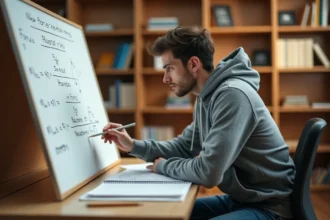 Étudiant en physique analysant des formules de force sur un tableau blanc dans une bibliothèque universitaire