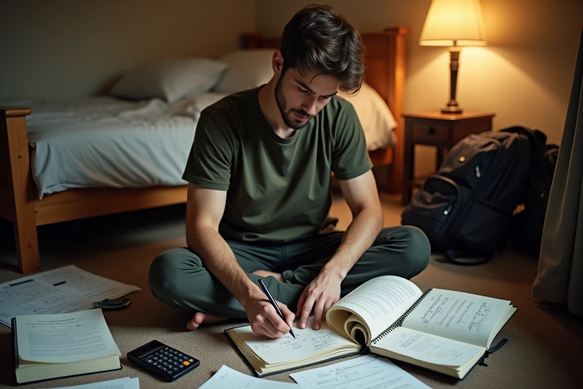 Étudiant en ingénierie résolvant un exercice sur les formules de force dans une chambre universitaire