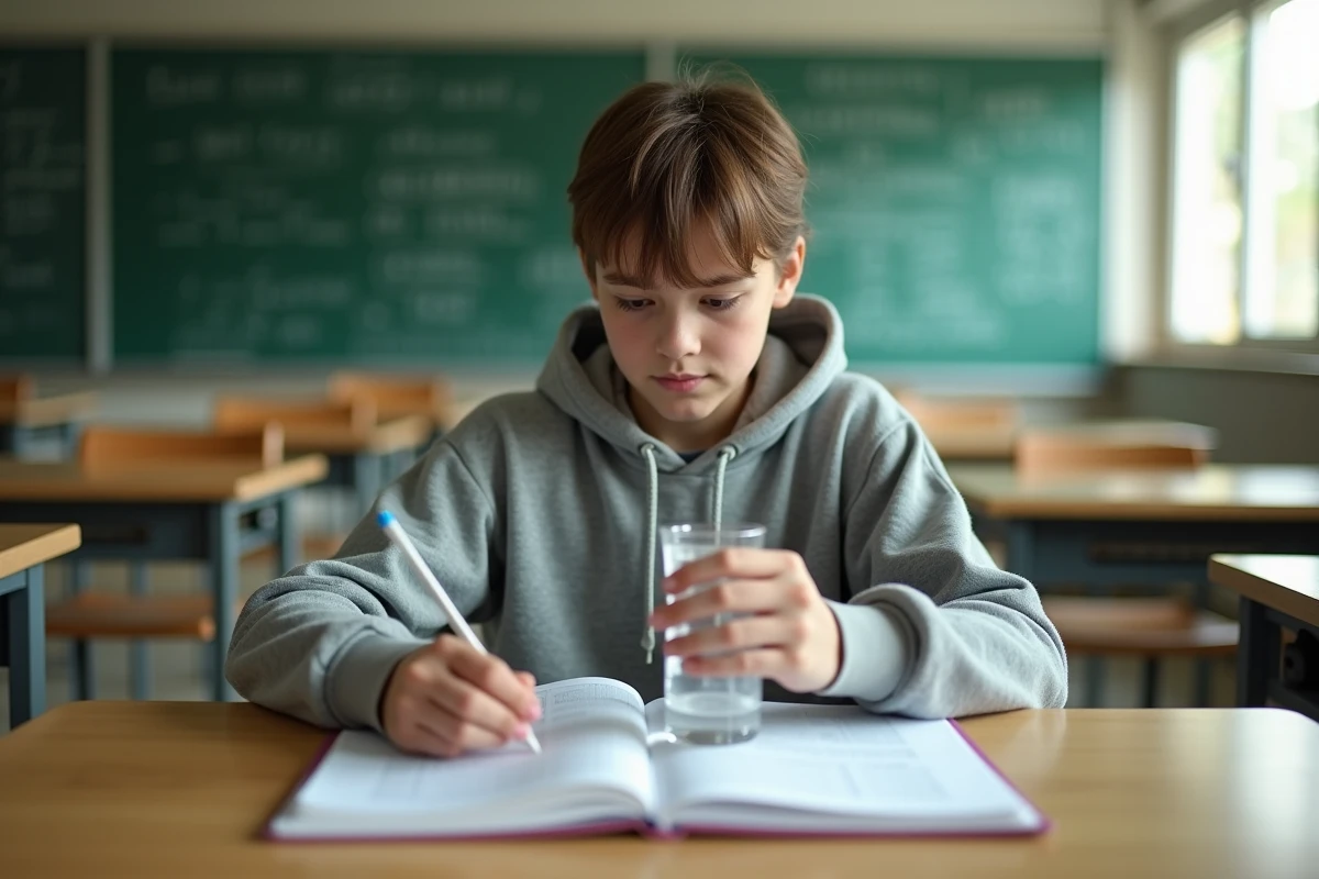 Étudiant mesurant 80ml dans un cylindre gradué en classe, dans le cadre d'un exercice de conversion d'unités de volume