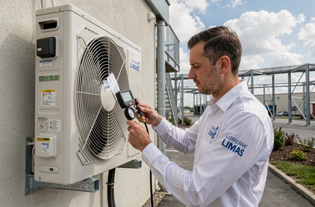Technicien HVAC inspectant une unité de climatisation et chauffage sur un bâtiment à Limas