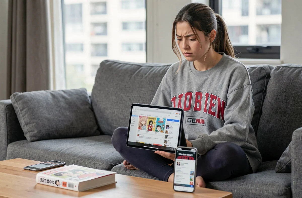 Jeune femme évaluant deux plateformes de scans de manga sur tablette et smartphone dans un salon moderne