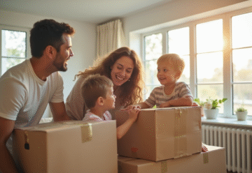 Famille souriante emménage dans un appartement lumineux