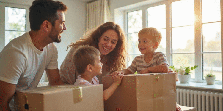 Famille souriante emménage dans un appartement lumineux