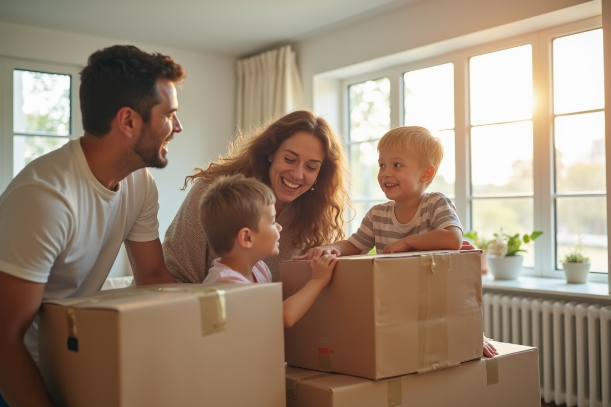 Famille souriante emménage dans un appartement lumineux