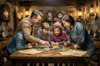 Famille avec enfants jouant dans une salle d'escape game à Lyon avec décor vintage et énigmes sur table en bois