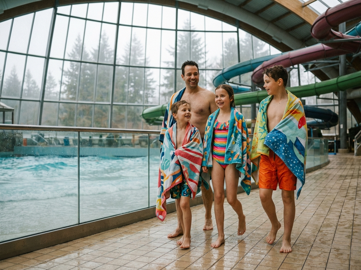 Famille souriante dans un parc aquatique intérieur en Bretagne