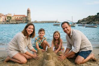 Famille profitant d'une journée à la plage près d'un château