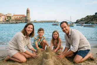 Famille profitant d'une journée à la plage près d'un château
