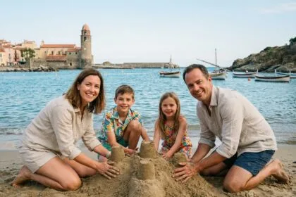 Famille profitant d'une journée à la plage près d'un château