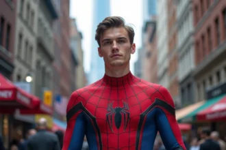 Fan habillé en Spider-Man en costume détaillé rouge et bleu dans un environnement urbain avec gratte-ciels en arrière-plan