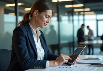 Femme d'affaires regardant un graphique boursier sur tablette