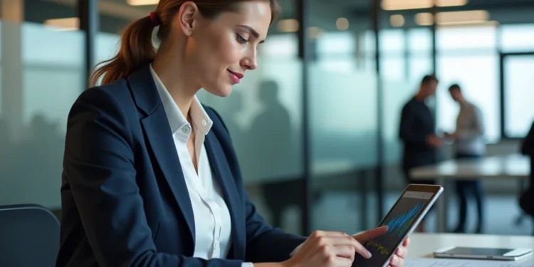 Femme d'affaires regardant un graphique boursier sur tablette