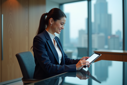 Jeune femme en costume dans une banque moderne utilisant une tablette holographique