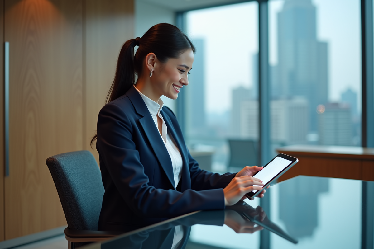 Jeune femme en costume dans une banque moderne utilisant une tablette holographique