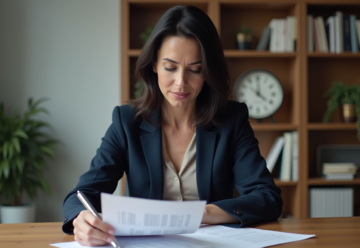 Femme d'affaires lisant des documents financiers dans un bureau moderne