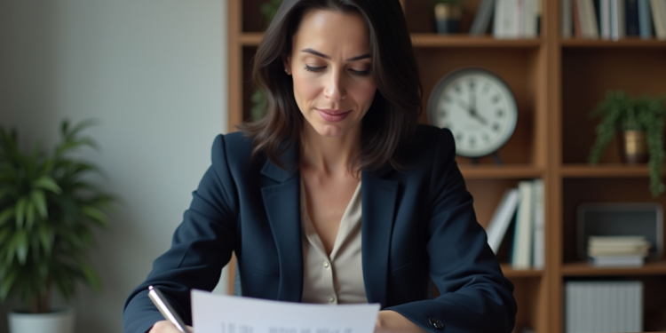 Femme d'affaires lisant des documents financiers dans un bureau moderne