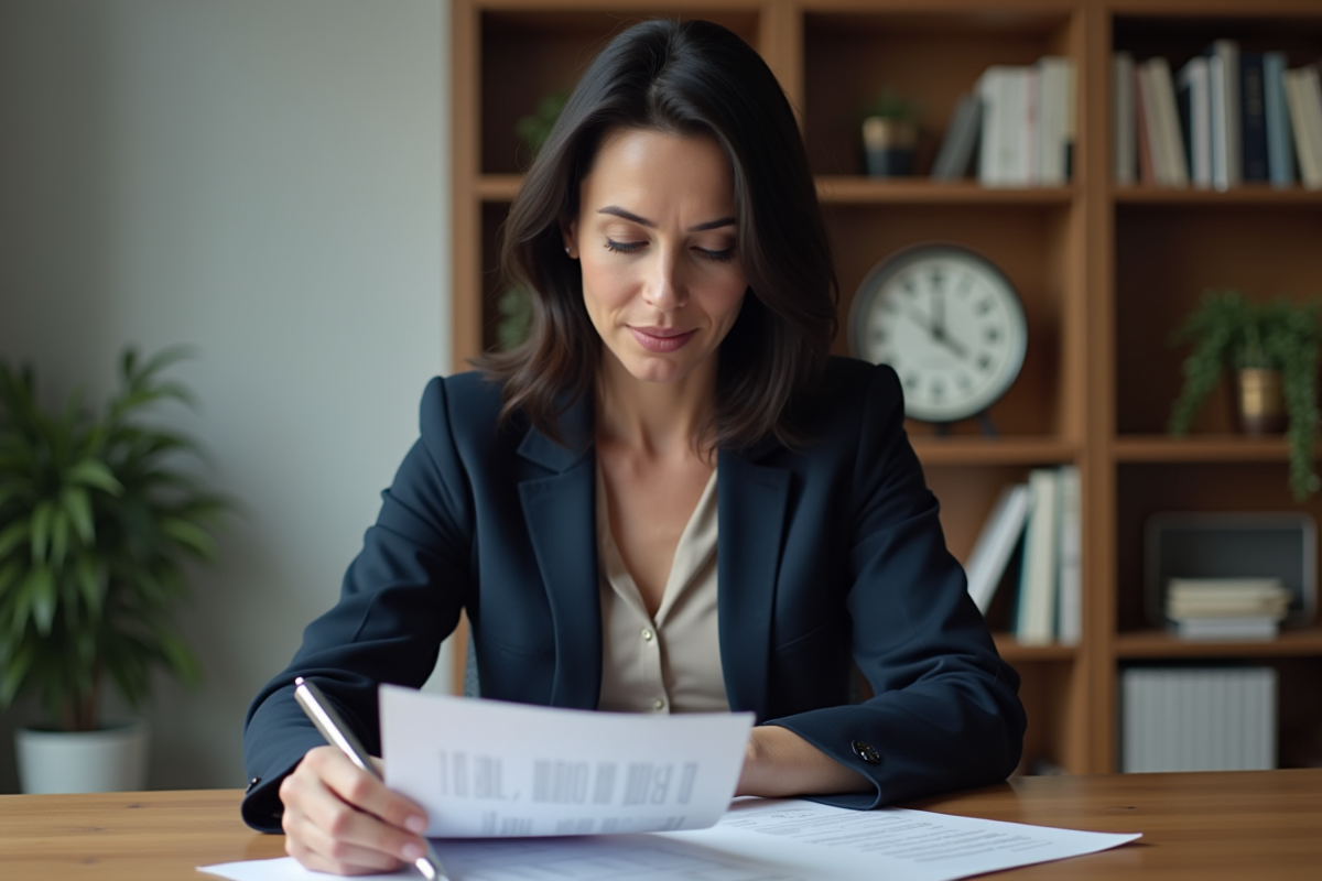 Femme d'affaires lisant des documents financiers dans un bureau moderne