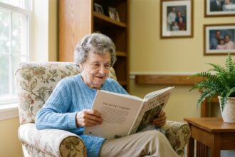 Femme âgée lisant un livre dans un cadre confortable