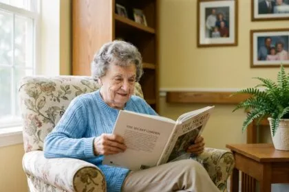 Femme âgée lisant un livre dans un cadre confortable