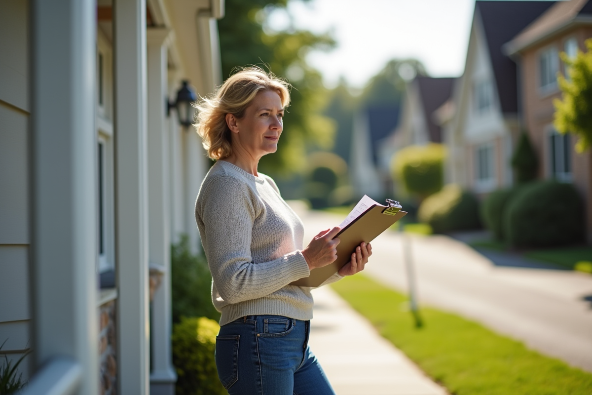 Femme d'âge moyen analysant un document devant une maison