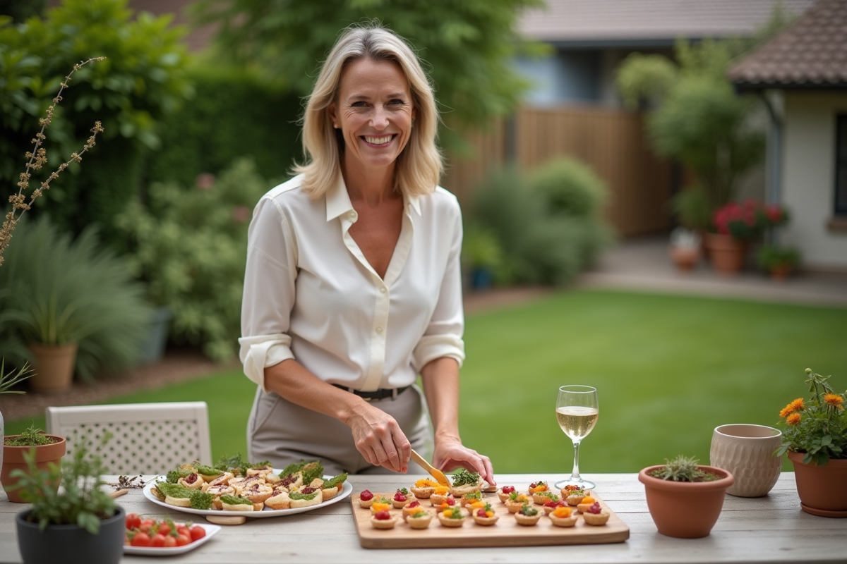 Femme arrangeant des canapés dans un jardin