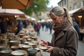 Femme examinant des céramiques vintage dans une brocante en plein air