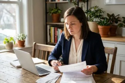 femme lisant des conseils financiers dans un bureau confortable