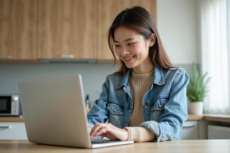 Femme assise à une table de cuisine avec ordinateur portable