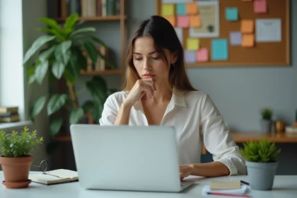 Femme au bureau à domicile avec ordinateur et plantes
