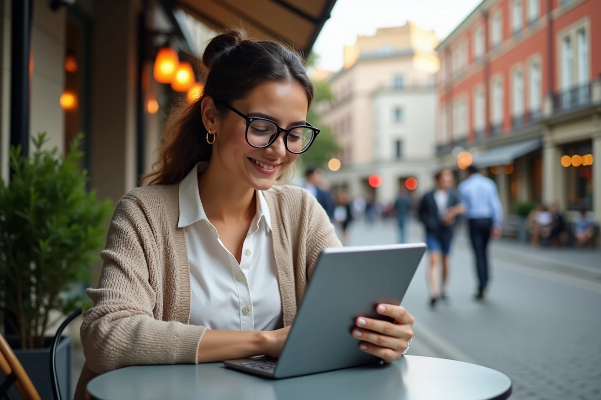 Femme concentrée avec tablette dans un café en plein air