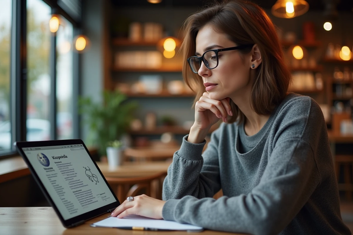 Femme lisant un article Wikipedia sur une tablette dans un café cosy