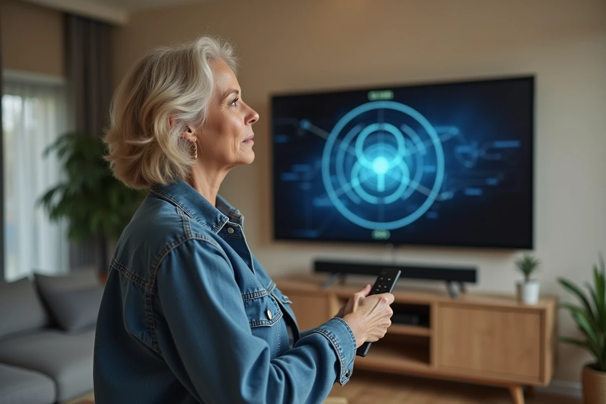 Une femme consultant une carte de couverture TNT affichée sur son téléviseur dans un salon moderne
