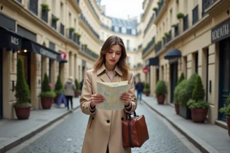 Femme consultant une carte de Paris dans une rue haussmannienne pour choisir son hébergement