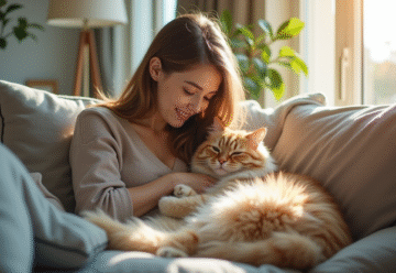Jeune femme câlinant un chat hypoallergenique dans un salon lumineux